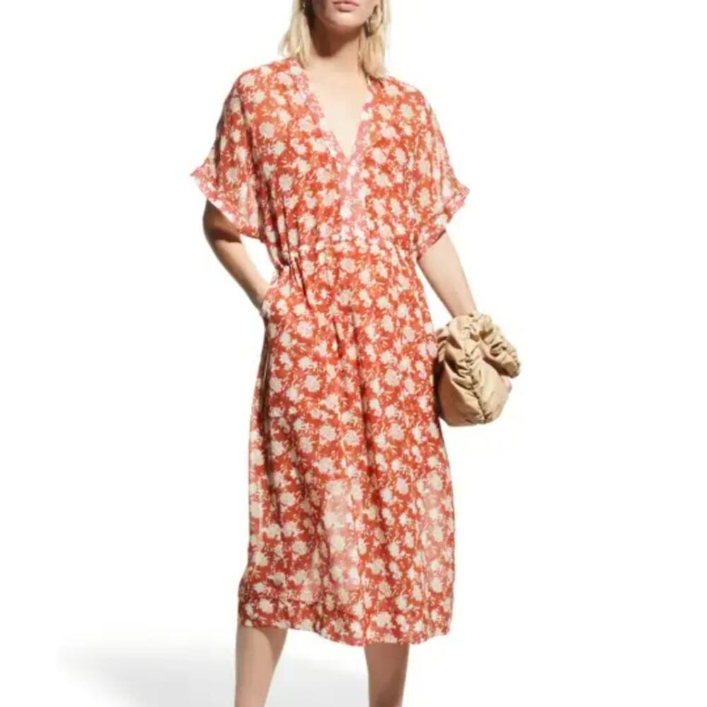 Rag & Bone Elysse Sheer Floral Midi Chiffon Dress Orange Boho Resort Wear XS - Picture 3 of 13